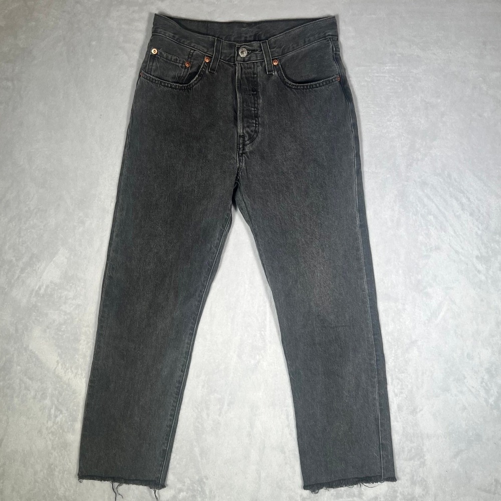 Levis 501 Jeans Womens 26 Black Buttony Fly Faded Straight Leg Raw Hem Denim